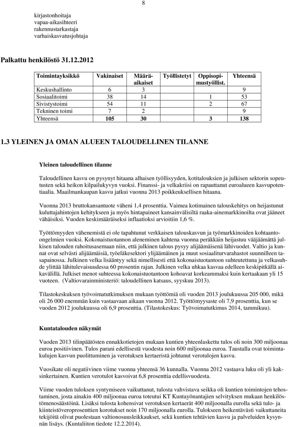 3 YLEINEN JA OMAN ALUEEN TALOUDELLINEN TILANNE Yleinen taloudellinen tilanne Taloudellinen kasvu on pysynyt hitaana alhaisen työllisyyden, kotitalouksien ja julkisen sektorin sopeutusten sekä heikon