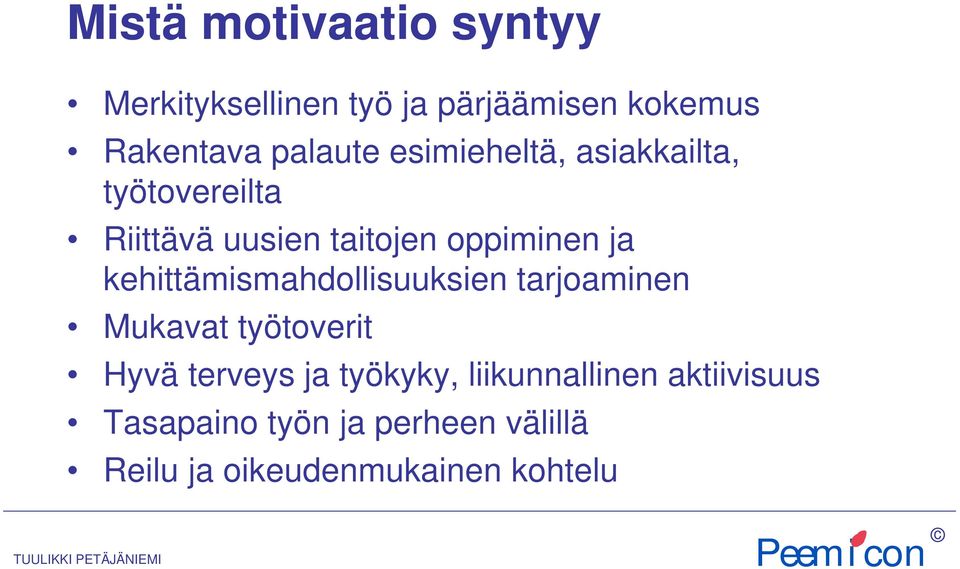 kehittämismahdollisuuksien tarjoaminen Mukavat työtoverit Hyvä terveys ja työkyky,