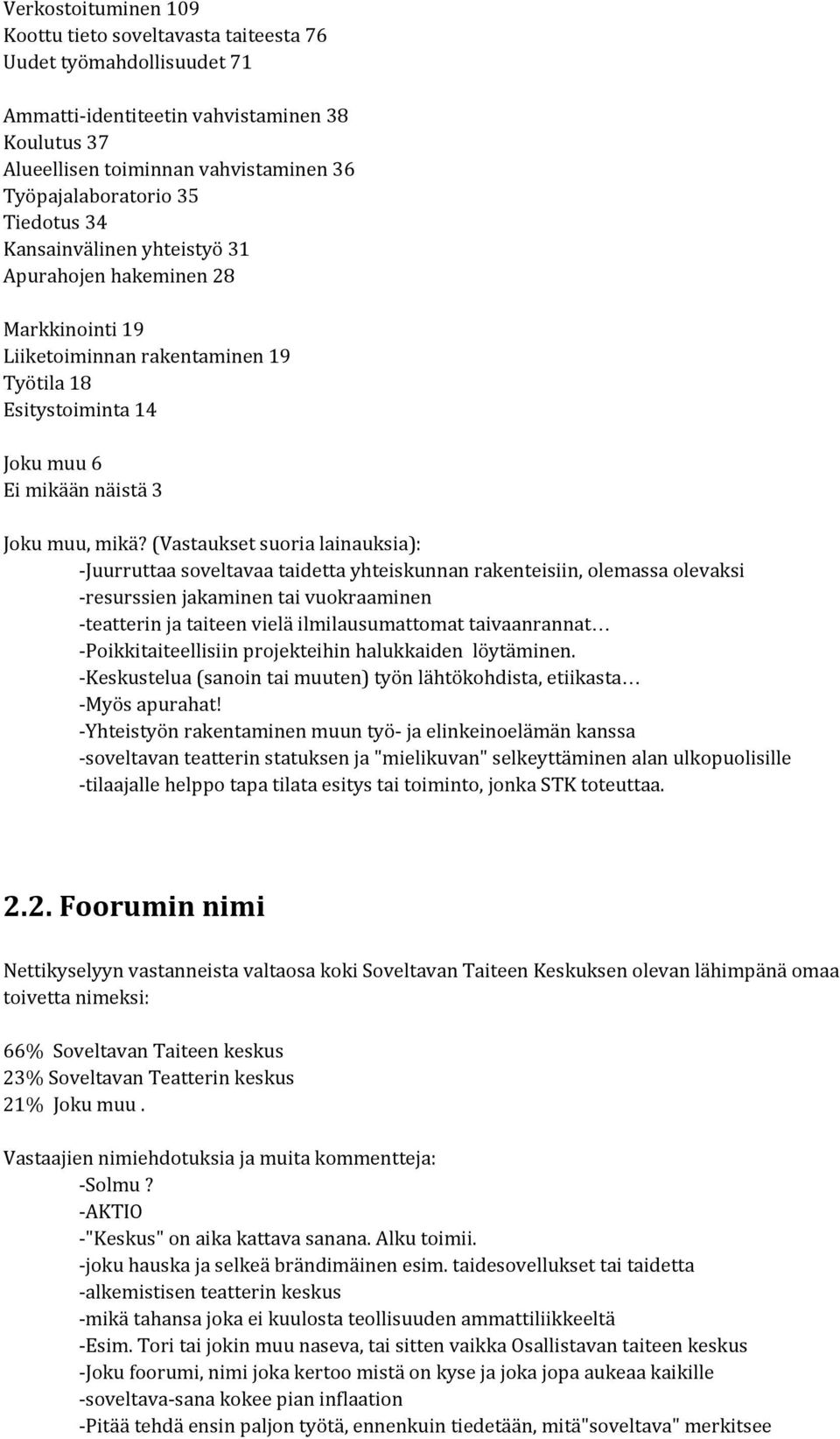 (Vastaukset suoria lainauksia): -Juurruttaa soveltavaa taidetta yhteiskunnan rakenteisiin, olemassa olevaksi -resurssien jakaminen tai vuokraaminen -teatterin ja taiteen vielä ilmilausumattomat