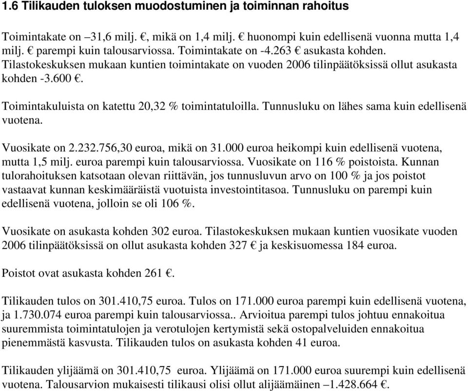 Tunnusluku on lähes sama kuin edellisenä vuotena. Vuosikate on 2.232.756,30 euroa, mikä on 31.000 euroa heikompi kuin edellisenä vuotena, mutta 1,5 milj. euroa parempi kuin talousarviossa.