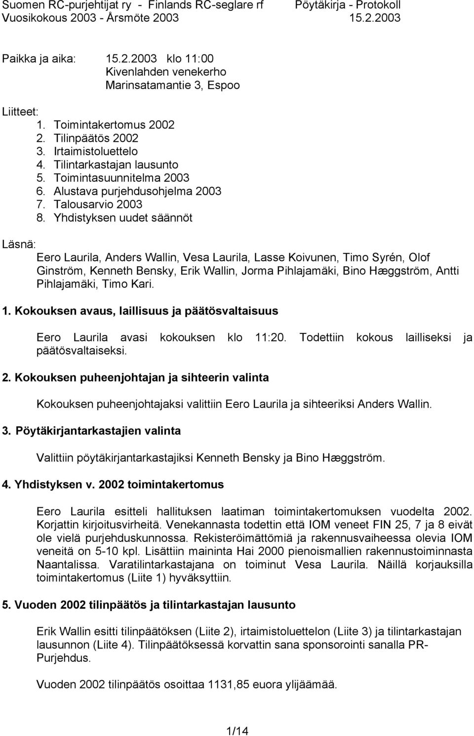 Yhdistyksen uudet säännöt Läsnä: Eero Laurila, Anders Wallin, Vesa Laurila, Lasse Koivunen, Timo Syrén, Olof Ginström, Kenneth Bensky, Erik Wallin, Jorma Pihlajamäki, Bino Hæggström, Antti