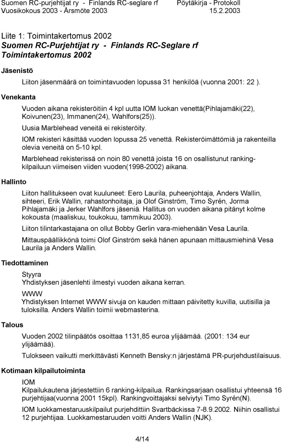 IOM rekisteri käsittää vuoden lopussa 25 venettä. Rekisteröimättömiä ja rakenteilla olevia veneitä on 5-10 kpl.