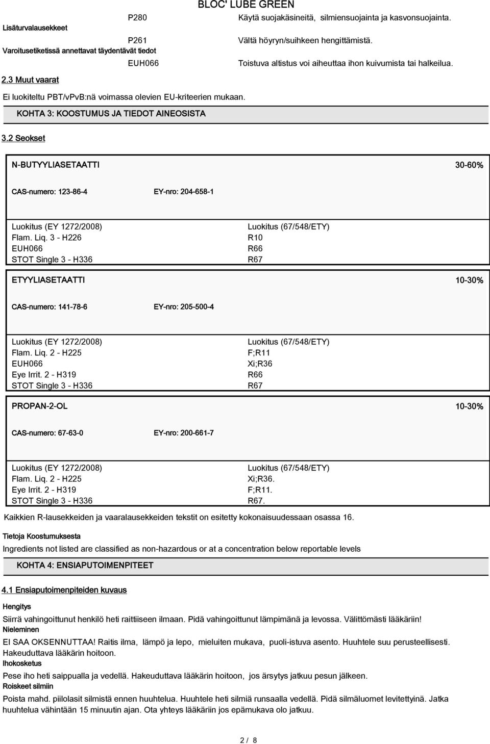 2 Seokset N-BUTYYLIASETAATTI 30-60% CAS-numero: 123-86-4 EY-nro: 204-658-1 Luokitus (EY 1272/2008) Flam. Liq.