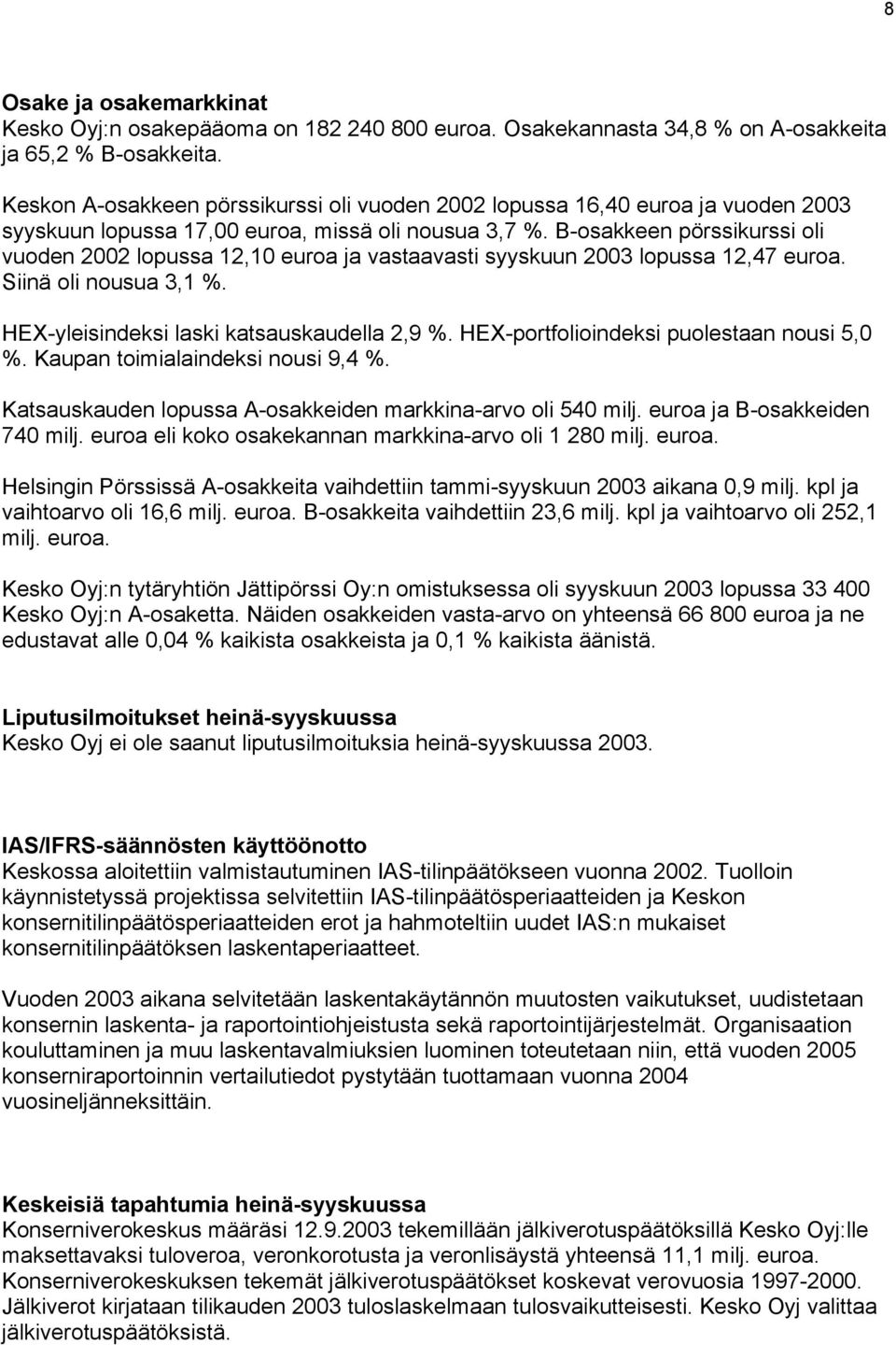 B-osakkeen pörssikurssi oli vuoden lopussa 12,10 euroa ja vastaavasti syyskuun lopussa 12,47 euroa. Siinä oli nousua 3,1 %. HEX-yleisindeksi laski katsauskaudella 2,9 %.