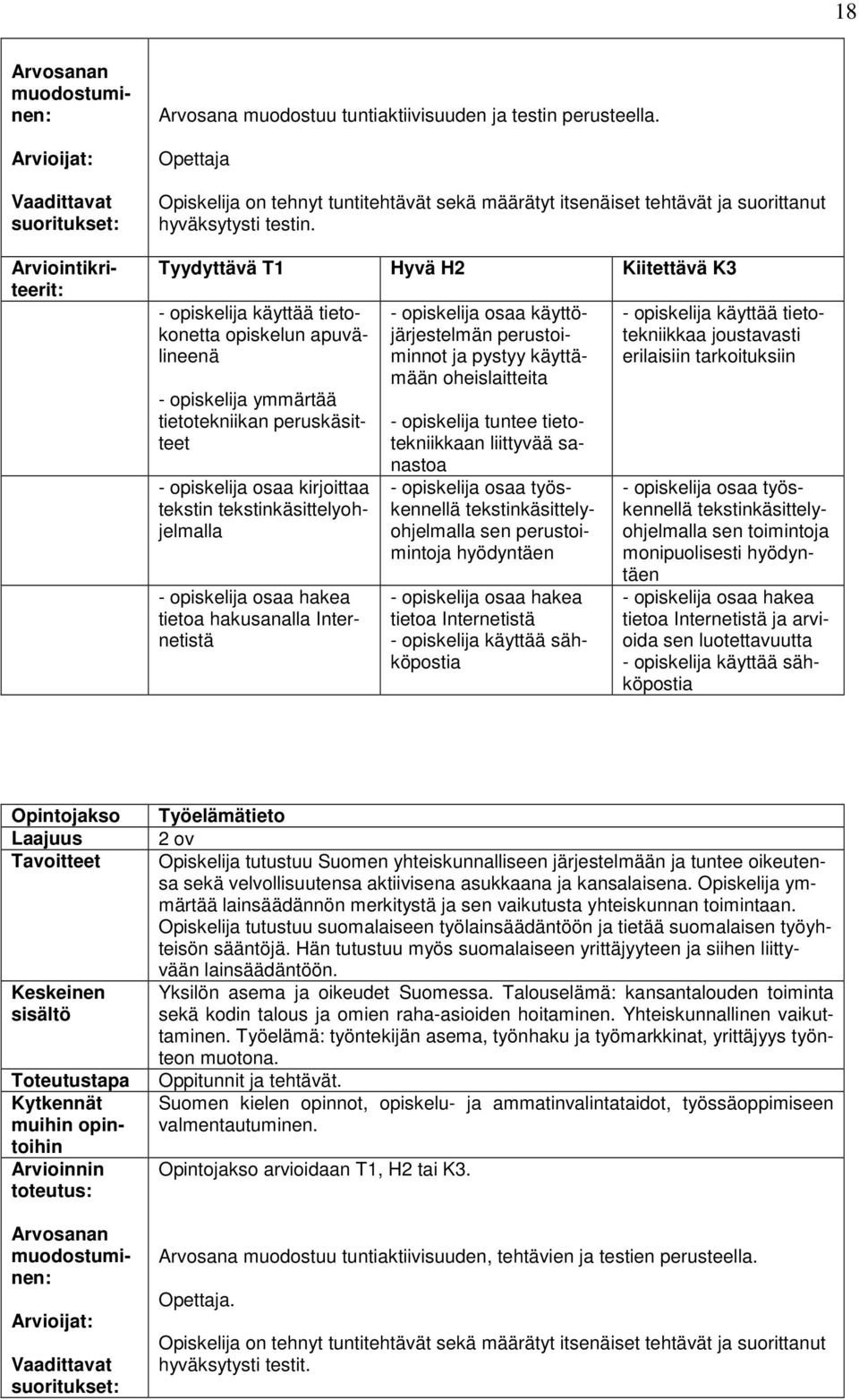 Tyydyttävä T1 Hyvä H2 Kiitettävä K3 - opiskelija käyttää tietokonetta opiskelun apuvälineenä - opiskelija ymmärtää tietotekniikan peruskäsitteet - opiskelija osaa kirjoittaa tekstin