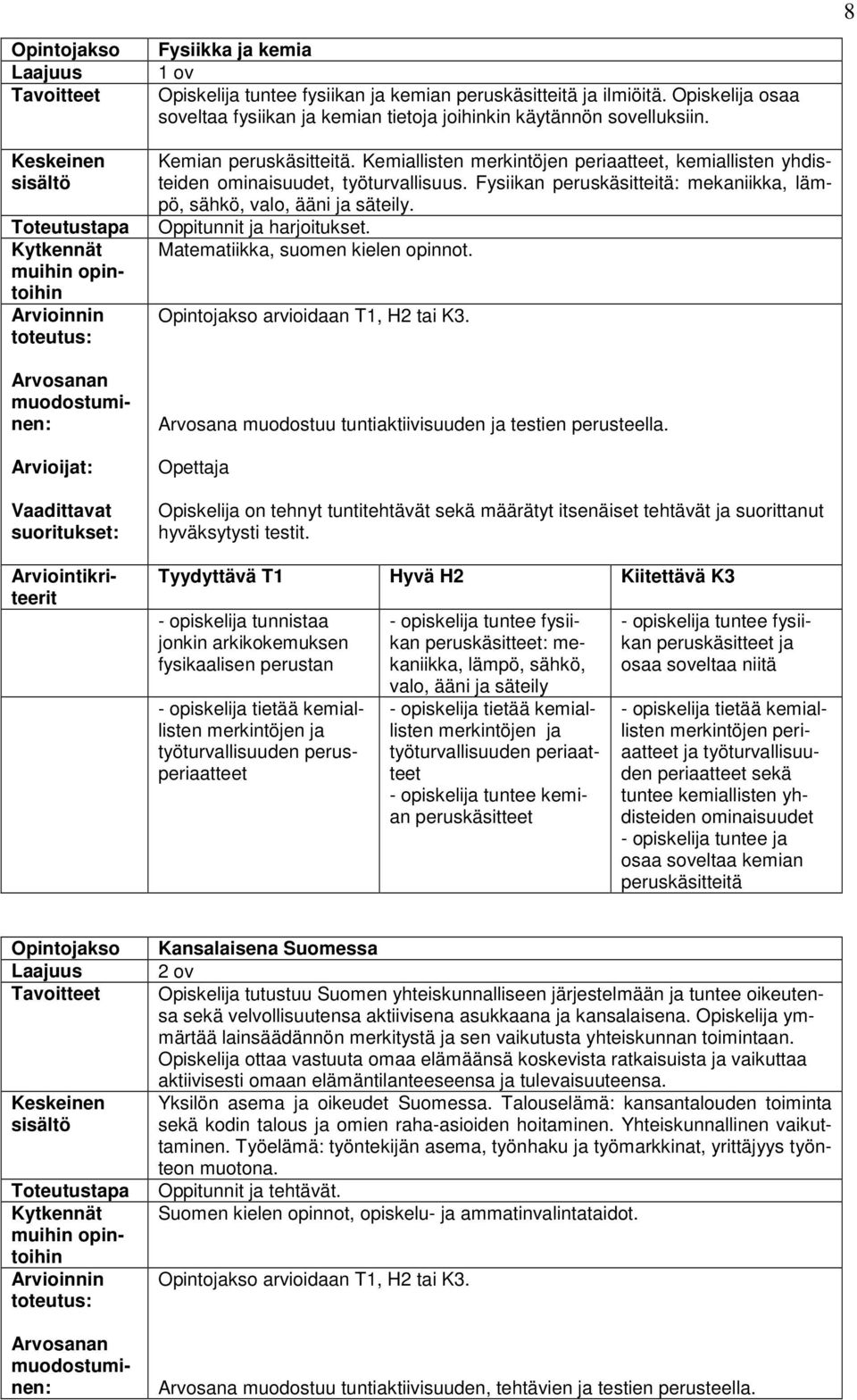 Kemiallisten merkintöjen periaatteet, kemiallisten yhdisteiden ominaisuudet, työturvallisuus. Fysiikan peruskäsitteitä: mekaniikka, lämpö, sähkö, valo, ääni ja säteily. Oppitunnit ja harjoitukset.