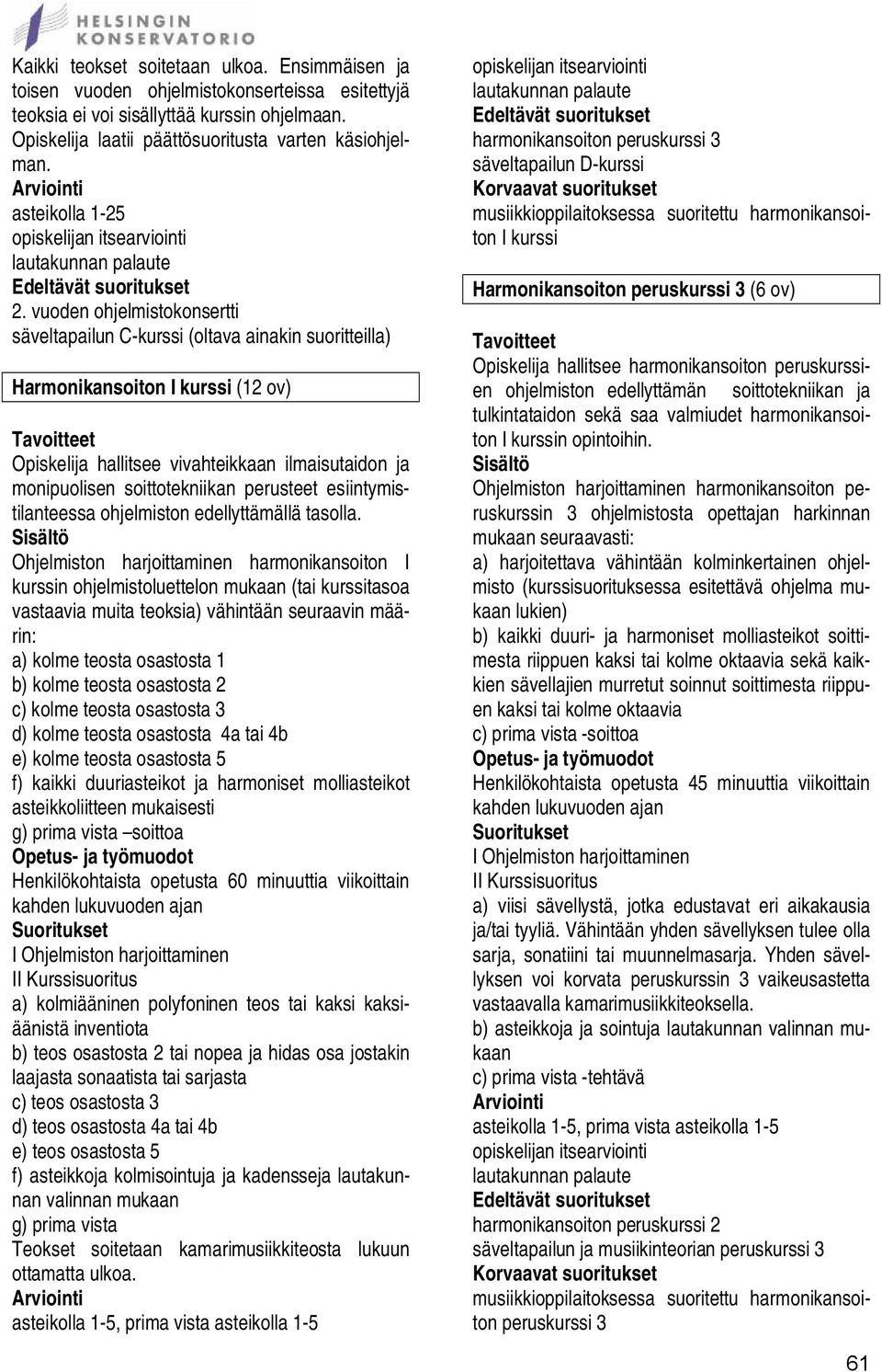 vuoden ohjelmistokonsertti säveltapailun C-kurssi (oltava ainakin suoritteilla) Harmonikansoiton I kurssi (12 ov) Opiskelija hallitsee vivahteikkaan ilmaisutaidon ja monipuolisen soittotekniikan