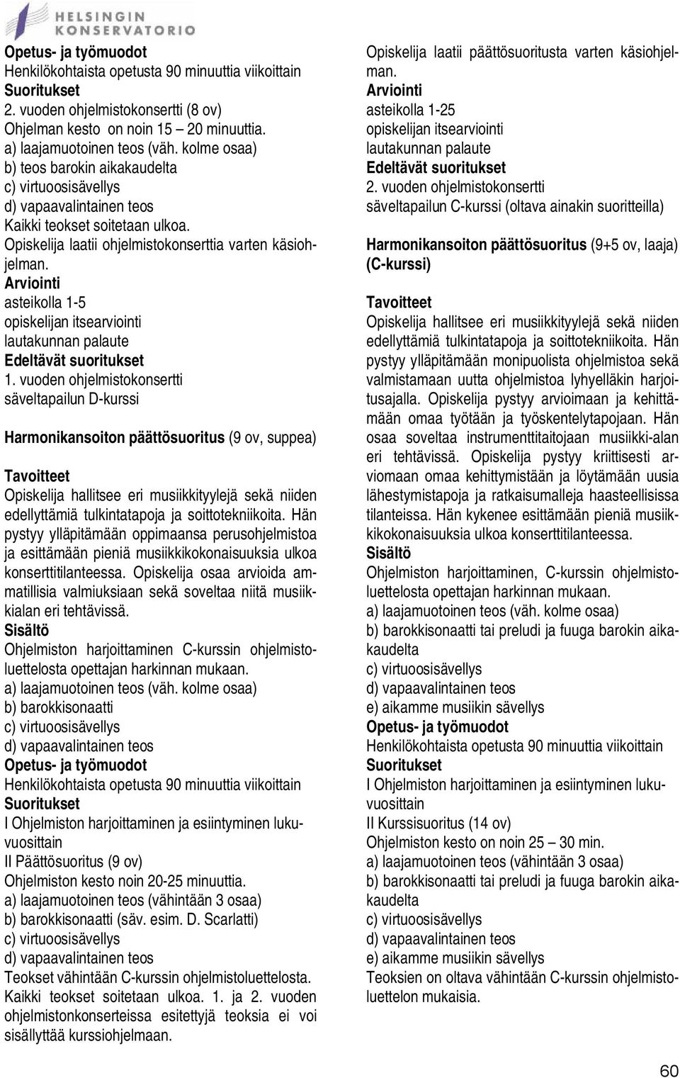 vuoden ohjelmistokonsertti säveltapailun D-kurssi Harmonikansoiton päättösuoritus (9 ov, suppea) Opiskelija hallitsee eri musiikkityylejä sekä niiden edellyttämiä tulkintatapoja ja soittotekniikoita.