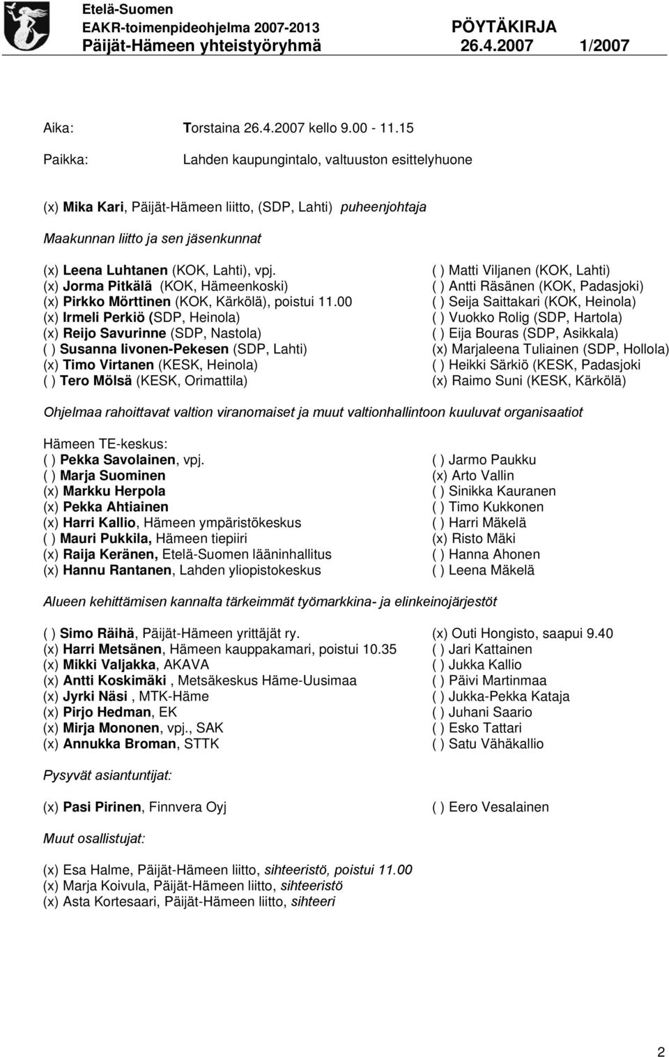 ( ) Matti Viljanen (KOK, Lahti) (x) Jorma Pitkälä (KOK, Hämeenkoski) ( ) Antti Räsänen (KOK, Padasjoki) (x) Pirkko Mörttinen (KOK, Kärkölä), poistui 11.