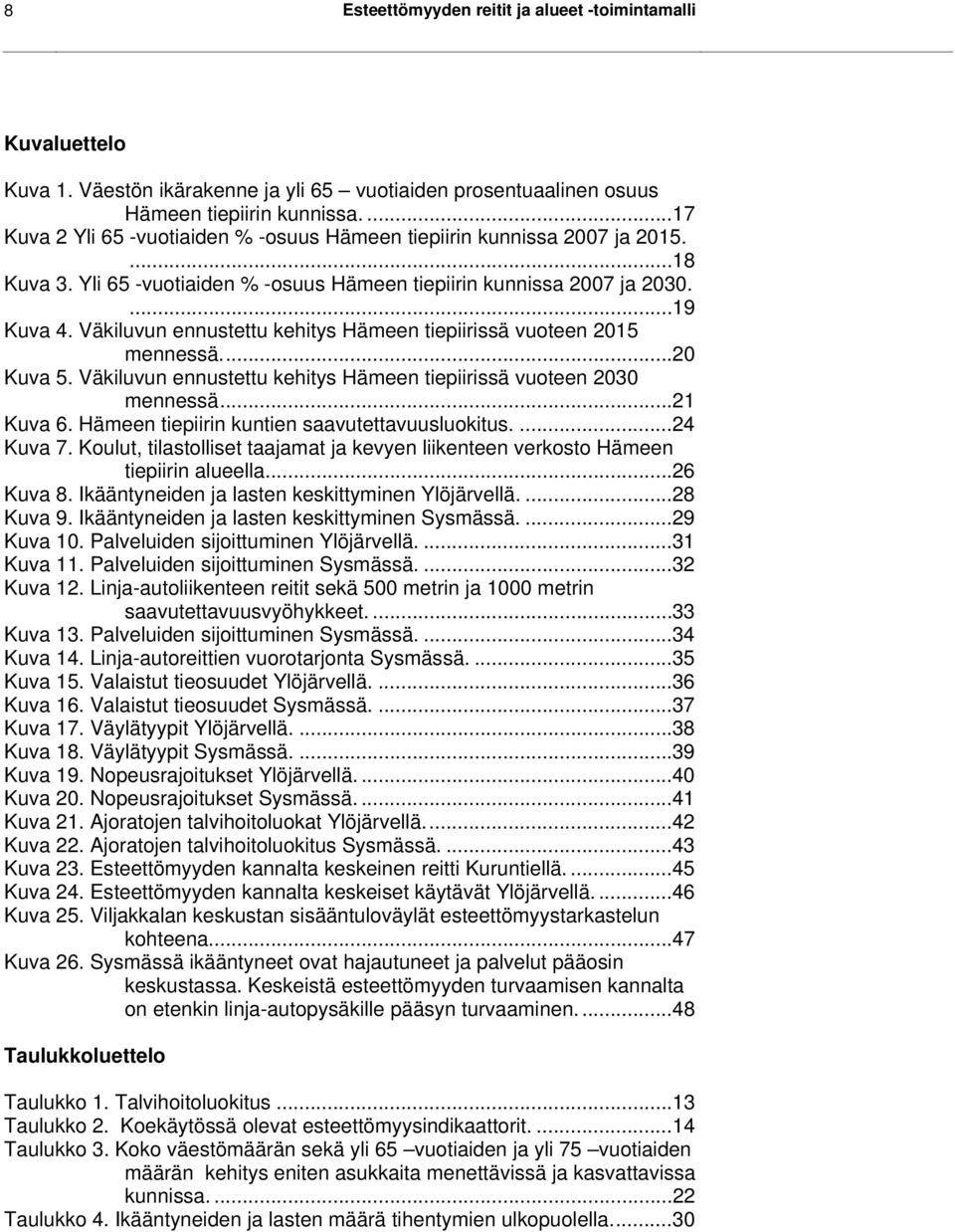 Väkiluvun ennustettu kehitys Hämeen tiepiirissä vuoteen 2015 mennessä....20 Kuva 5. Väkiluvun ennustettu kehitys Hämeen tiepiirissä vuoteen 2030 mennessä...21 Kuva 6.