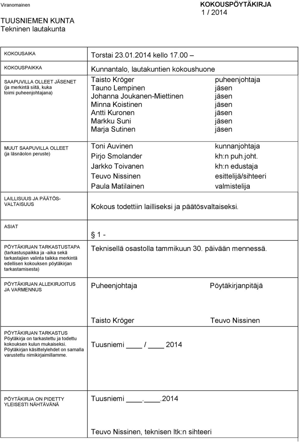 Antti Kuronen Markku Suni Marja Sutinen puheenjohtaja jäsen jäsen jäsen jäsen jäsen jäsen MUUT SAAPUVILLA OLLEET (ja läsnäolon peruste) Toni Auvinen Pirjo Smolander Jarkko Toivanen Teuvo Nissinen