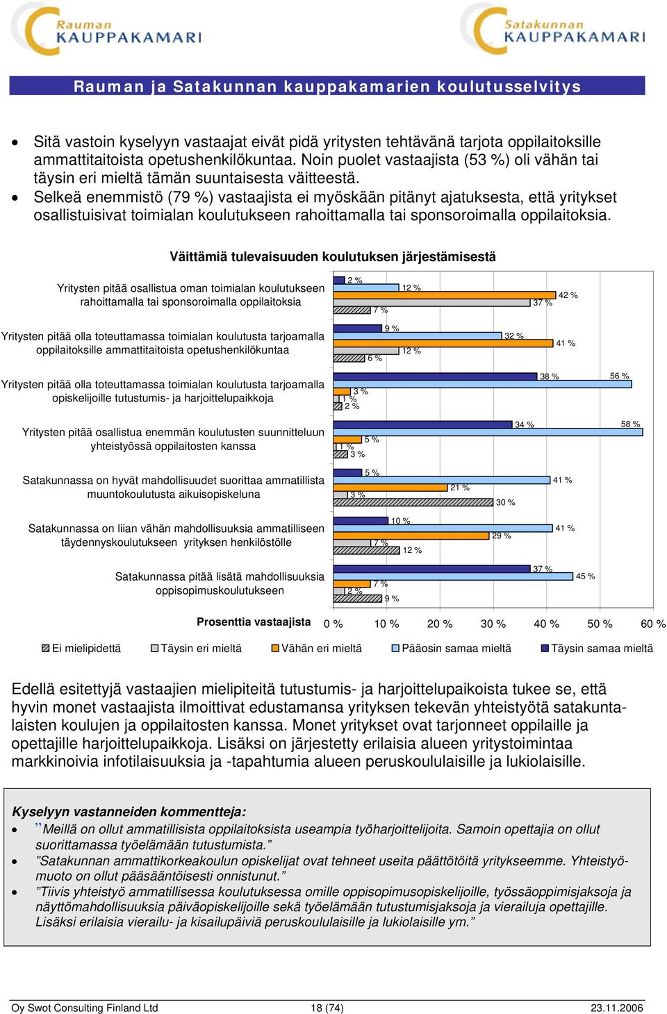 Selkeä enemmistö (79 %) vastaajista ei myöskään pitänyt ajatuksesta, että yritykset osallistuisivat toimialan koulutukseen rahoittamalla tai sponsoroimalla oppilaitoksia.