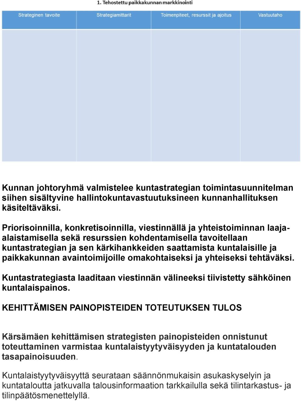 ja paikkakunnan avaintoimijoille omakohtaiseksi ja yhteiseksi tehtäväksi. Kuntastrategiasta laaditaan viestinnän välineeksi tiivistetty sähköinen kuntalaispainos.