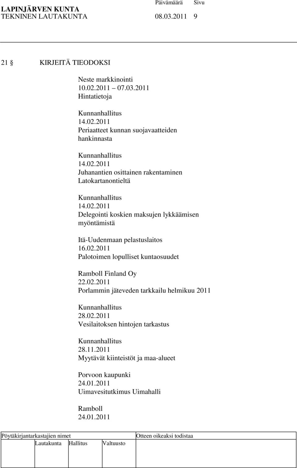 02.2011 Palotoimen lopulliset kuntaosuudet Ramboll Finland Oy 22.02.2011 Porlammin jäteveden tarkkailu helmikuu 2011 Kunnanhallitus 28.02.2011 Vesilaitoksen hintojen tarkastus Kunnanhallitus 28.