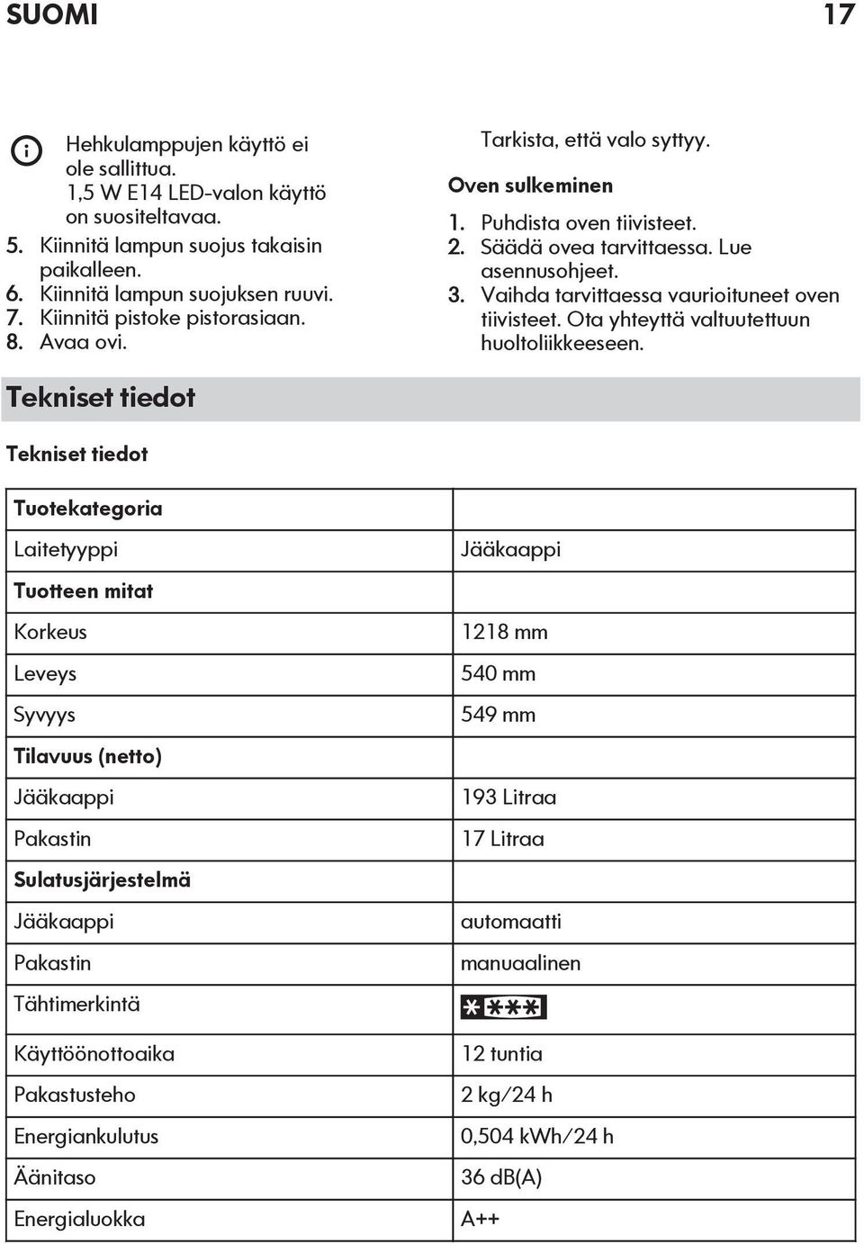 Vaihda tarvittaessa vaurioituneet oven tiivisteet. Ota yhteyttä valtuutettuun huoltoliikkeeseen.