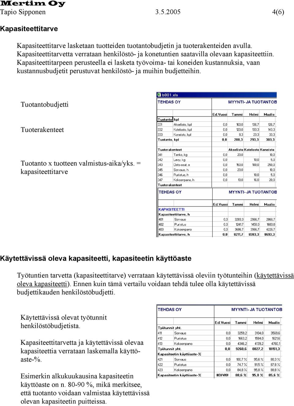 Kapasiteettitarpeen perusteella ei lasketa työvoima- tai koneiden kustannuksia, vaan kustannusbudjetit perustuvat henkilöstö- ja muihin budjetteihin.