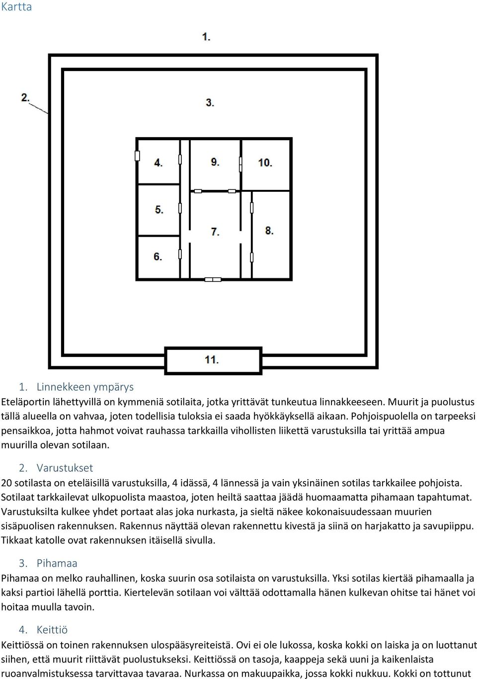 Pohjoispuolella on tarpeeksi pensaikkoa, jotta hahmot voivat rauhassa tarkkailla vihollisten liikettä varustuksilla tai yrittää ampua muurilla olevan sotilaan. 2.