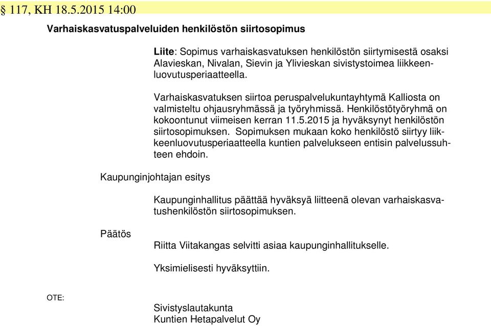 liikkeenluovutusperiaatteella. Varhaiskasvatuksen siirtoa peruspalvelukuntayhtymä Kalliosta on valmisteltu ohjausryhmässä ja työryhmissä. Henkilöstötyöryhmä on kokoontunut viimeisen kerran 11.5.