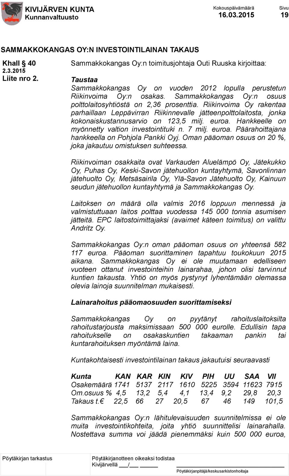 Sammakkokangas Oy:n osuus polttolaitosyhtiöstä on 2,36 prosenttia. Riikinvoima Oy rakentaa parhaillaan Leppävirran Riikinnevalle jätteenpolttolaitosta, jonka kokonaiskustannusarvio on 123,5 milj.