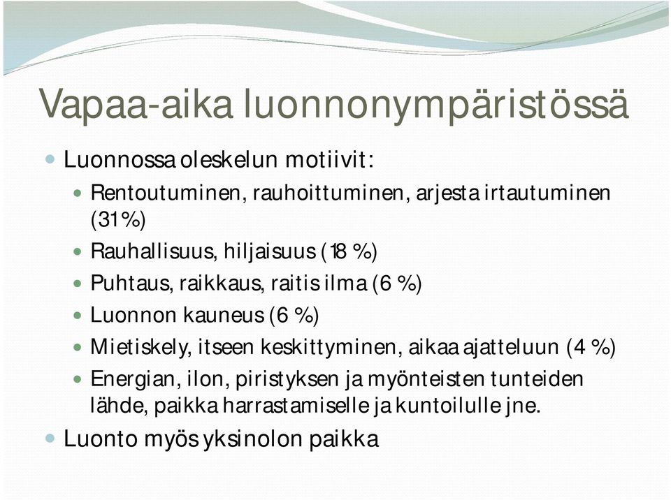 kauneus (6 %) Mietiskely, itseen keskittyminen, aikaa ajatteluun (4 %) Energian, ilon, piristyksen