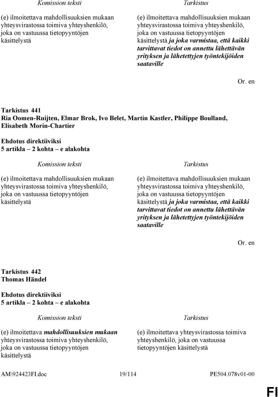 Oomen-Ruijten, Elmar Brok, Ivo Belet, Martin Kastler, Philippe Boulland, Elisabeth Morin-Chartier 5 artikla 2 kohta e alakohta  yhteyshenkilö, joka on vastuussa tietopyyntöjen käsittelystä ja joka