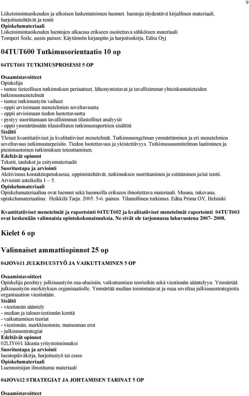 kirjanpito ja harjoituskirja, Edita Oyj 04TUT600 Tutkimusorientaatio 10 op 04TUT601 TUTKIMUSPROSESSI 5 OP - tuntee tieteellisen tutkimuksen periaatteet, lähestymistavat ja tavallisimmat