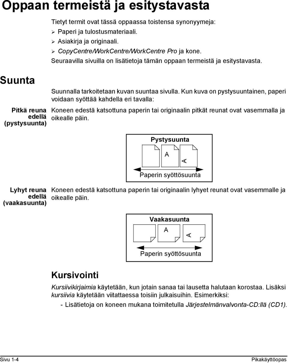 Kun kuva on pystysuuntainen, paperi voidaan syöttää kahdella eri tavalla: Koneen edestä katsottuna paperin tai originaalin pitkät reunat ovat vasemmalla ja oikealle päin.