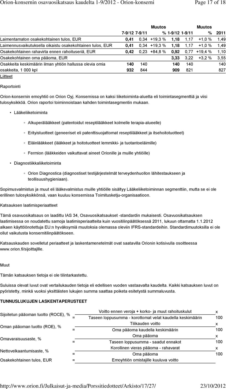 keskimäärin ilman yhtiön hallussa olevia omia osakkeita, 1 000 kpl Liitteet Raportointi Orion-konsernin emoyhtiö on Orion Oyj.