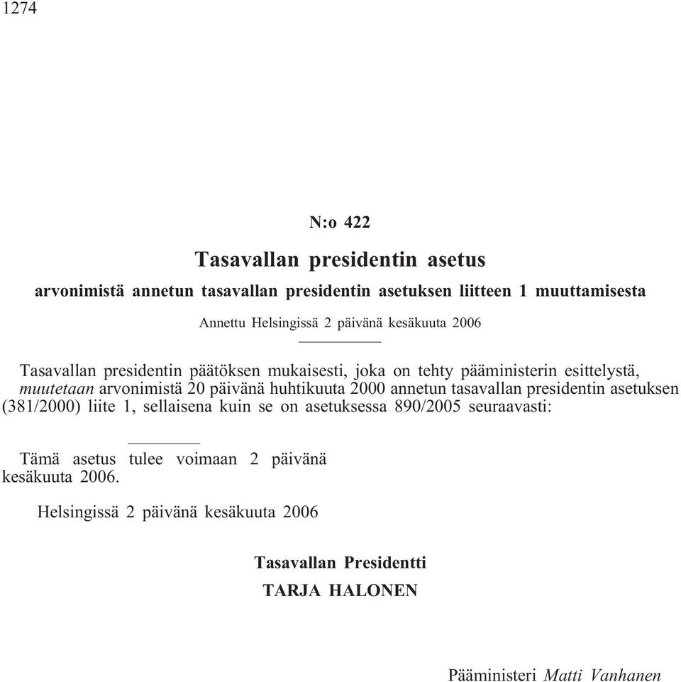 huhtikuuta 2000 annetun tasavallan presidentin asetuksen (381/2000) liite 1, sellaisena kuin se on asetuksessa 890/2005