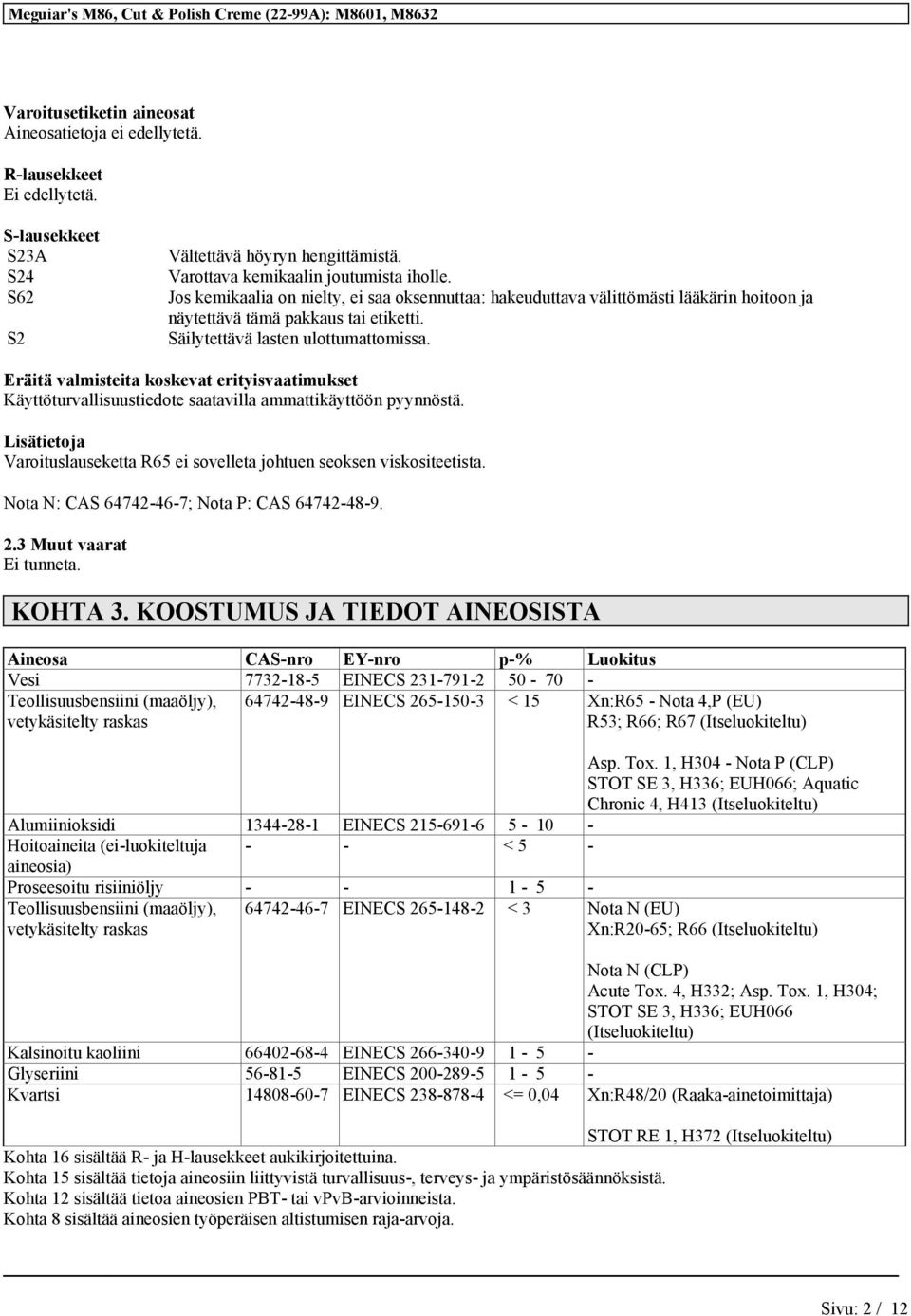 Eräitä valmisteita koskevat erityisvaatimukset Käyttöturvallisuustiedote saatavilla ammattikäyttöön pyynnöstä. Lisätietoja Varoituslauseketta R65 ei sovelleta johtuen seoksen viskositeetista.