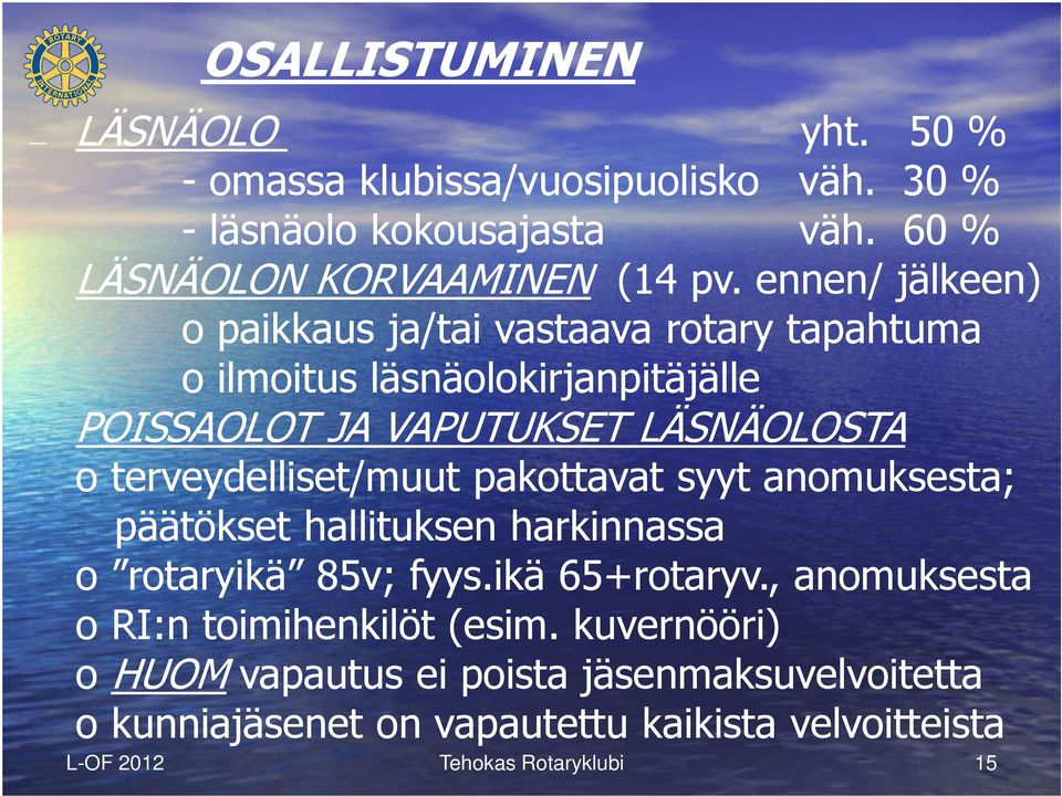 terveydelliset/muut pakottavat syyt anomuksesta; päätökset hallituksen harkinnassa o rotaryikä 85v; fyys.ikä 65+rotaryv.