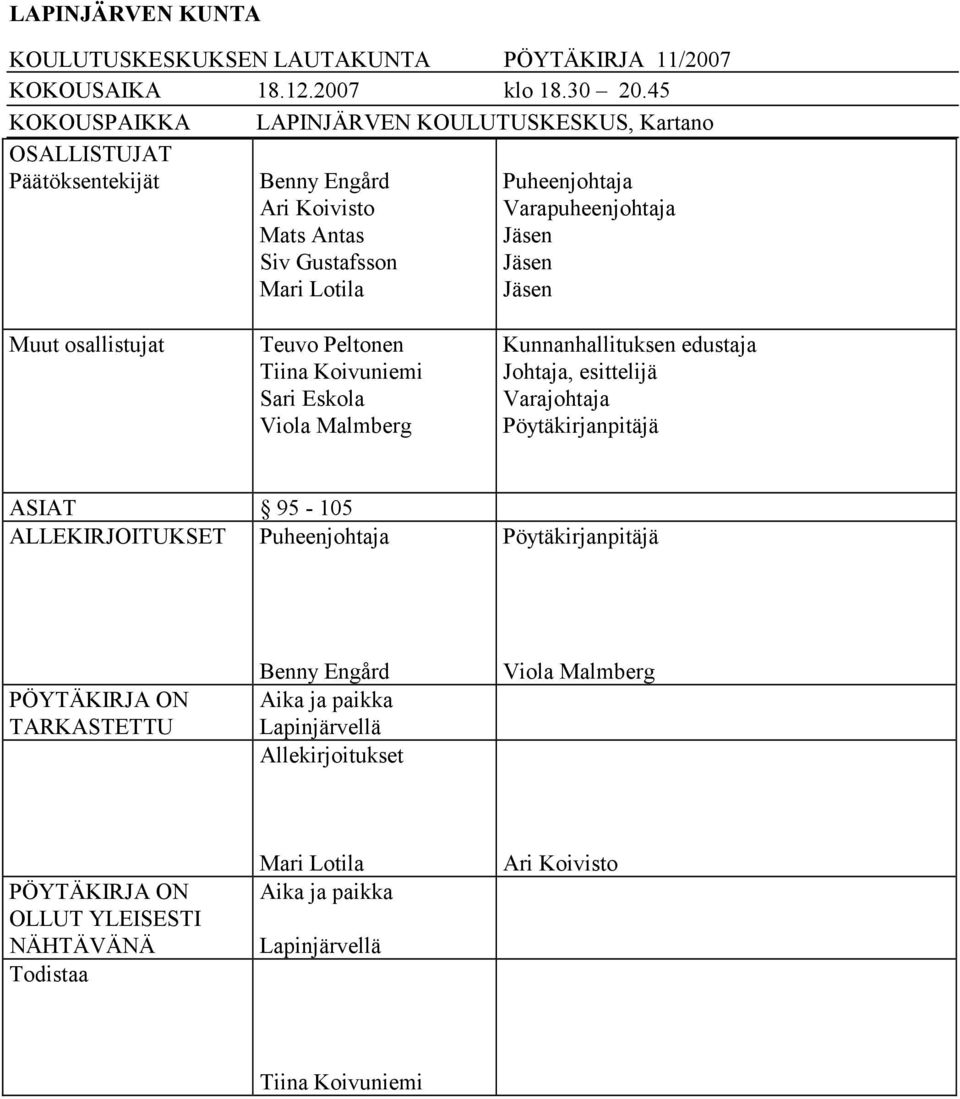 Jäsen Jäsen Jäsen Muut osallistujat Teuvo Peltonen Tiina Koivuniemi Sari Eskola Viola Malmberg Kunnanhallituksen edustaja Johtaja, esittelijä Varajohtaja Pöytäkirjanpitäjä ASIAT