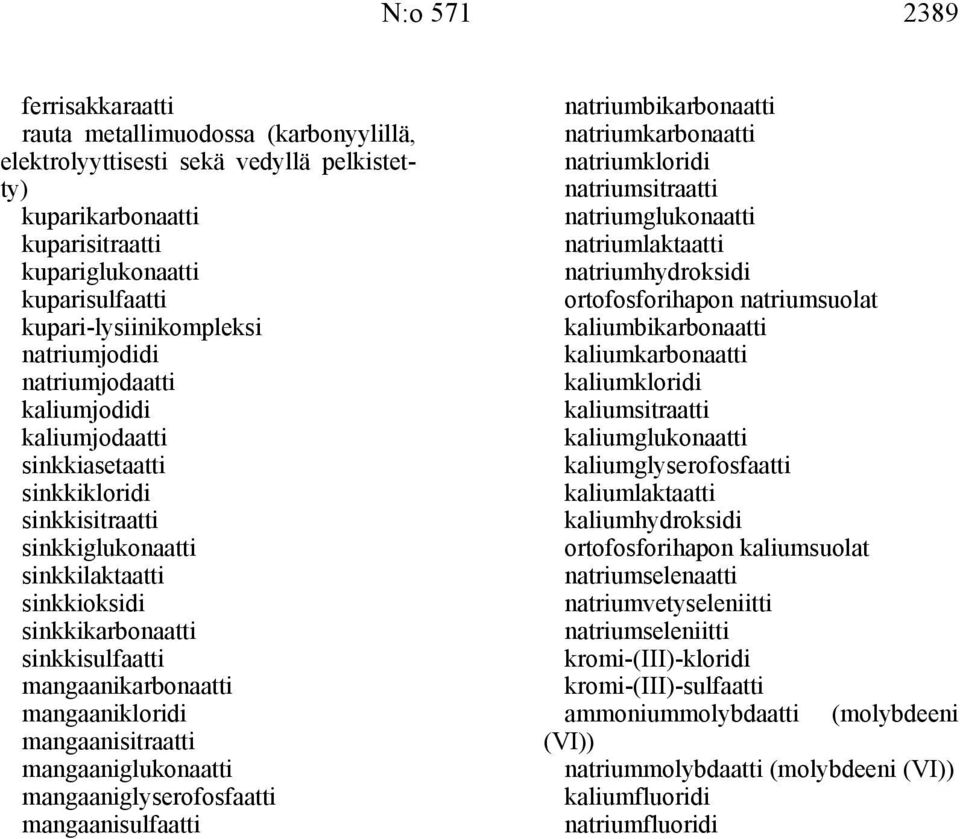 sinkkisulfaatti mangaanikarbonaatti mangaanikloridi mangaanisitraatti mangaaniglukonaatti mangaaniglyserofosfaatti mangaanisulfaatti natriumbikarbonaatti natriumkarbonaatti natriumkloridi