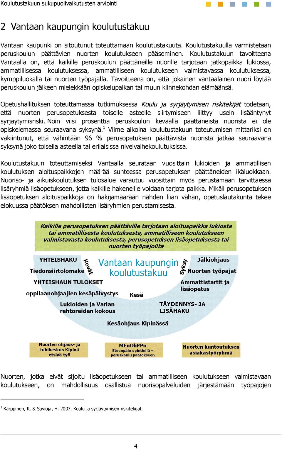 koulutuksessa, kymppiluokalla tai nuorten työpajalla. Tavoitteena on, että jokainen vantaalainen nuori löytää peruskoulun jälkeen mielekkään opiskelupaikan tai muun kiinnekohdan elämäänsä.