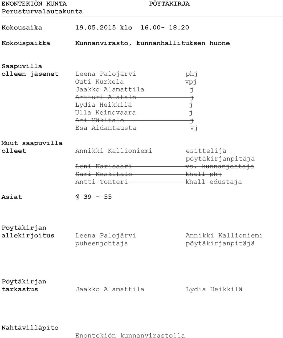 Heikkilä j Ulla Keinovaara j Ari Mäkitalo j Esa Aidantausta vj Muut saapuvilla olleet Annikki Kallioniemi esittelijä pöytäkirjanpitäjä Leni Karisaari vs.