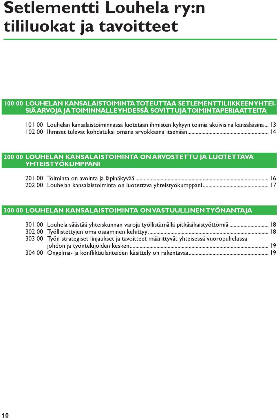 .. 14 200 00 Louhelan kansalaistoiminta on arvostettu ja luotettava yhteistyökumppani 201 00 Toiminta on avointa ja läpinäkyvää... 16 202 00 Louhelan kansalaistoiminta on luotettava yhteistyökumppani.