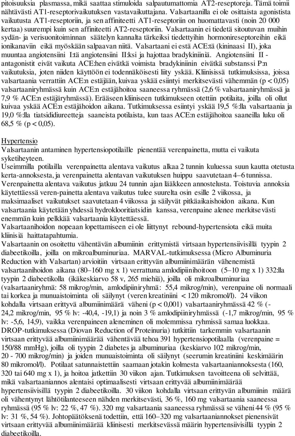 Valsartaanin ei tiedetä sitoutuvan muihin sydän- ja verisuonitoiminnan säätelyn kannalta tärkeiksi tiedettyihin hormonireseptoreihin eikä ionikanaviin eikä myöskään salpaavan niitä.