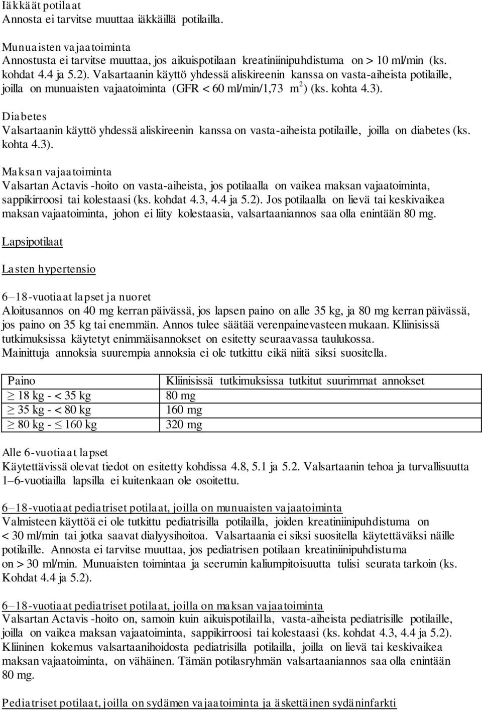 Diabetes Valsartaanin käyttö yhdessä aliskireenin kanssa on vasta-aiheista potilaille, joilla on diabetes (ks. kohta 4.3).