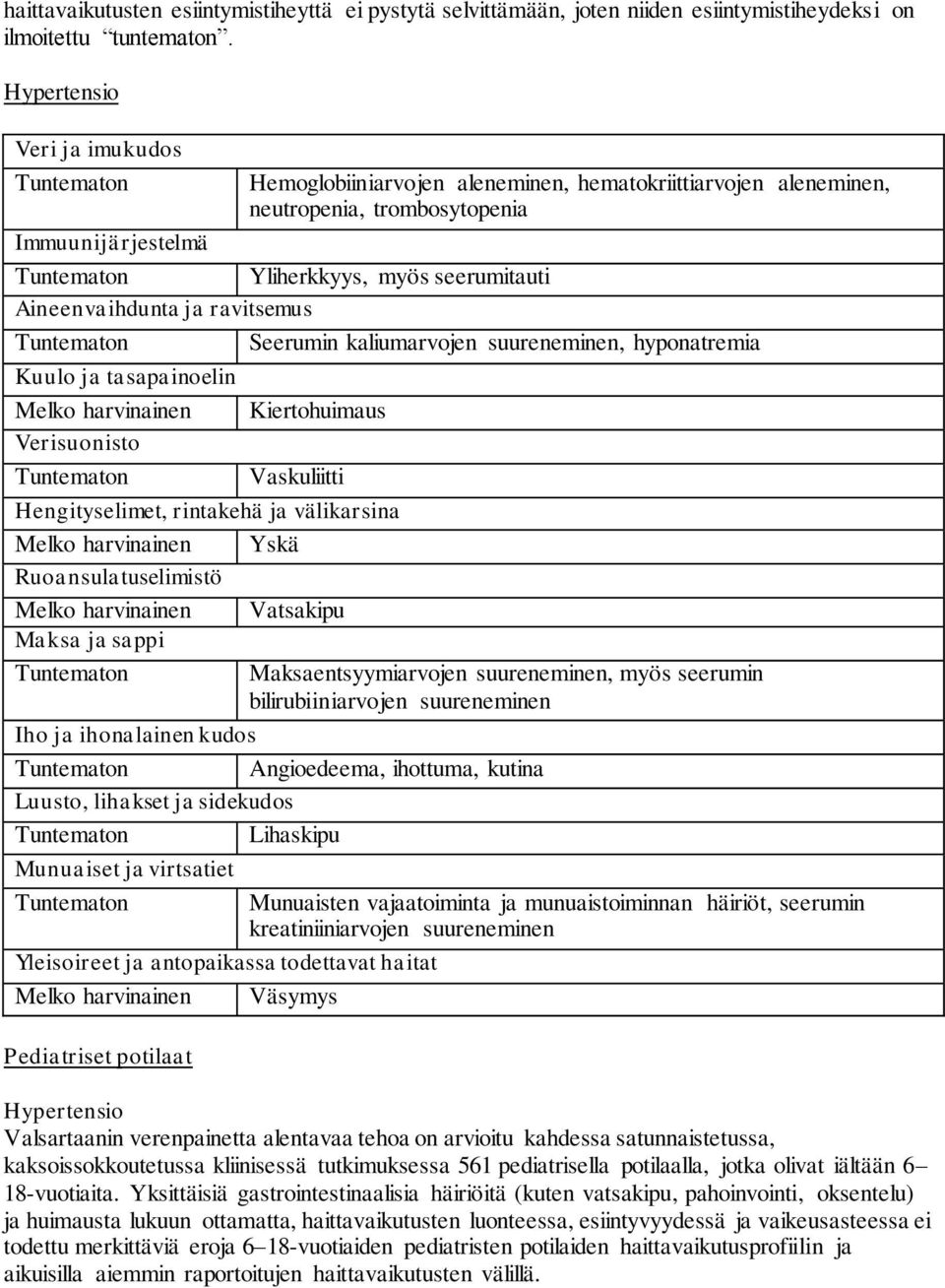 Aineenvaihdunta ja ravitsemus Tuntematon Seerumin kaliumarvojen suureneminen, hyponatremia Kuulo ja tasapainoelin Melko harvinainen Kiertohuimaus Verisuonisto Tuntematon Vaskuliitti Hengityselimet,