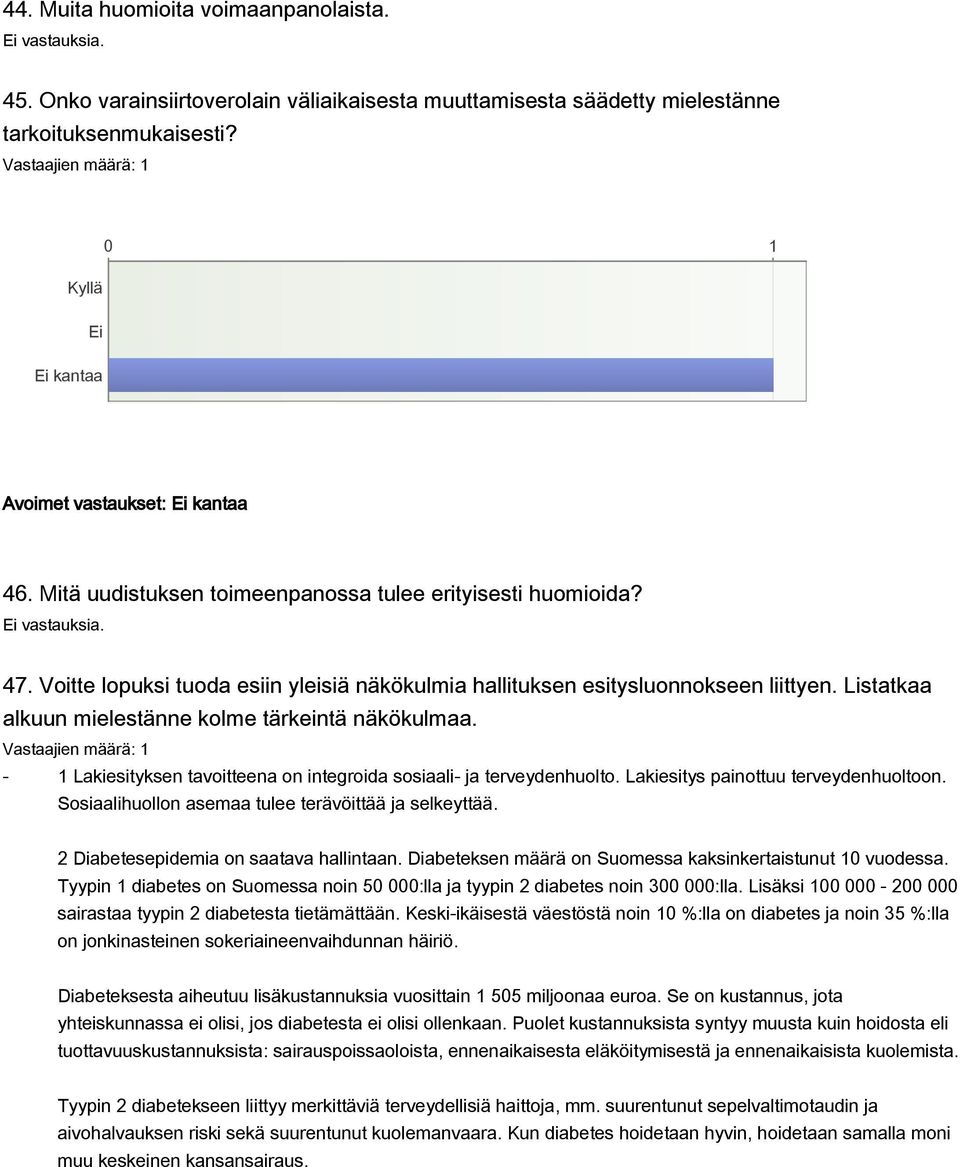 Listatkaa alkuun mielestänne kolme tärkeintä näkökulmaa. - 1 Lakiesityksen tavoitteena on integroida sosiaali- ja terveydenhuolto. Lakiesitys painottuu terveydenhuoltoon.