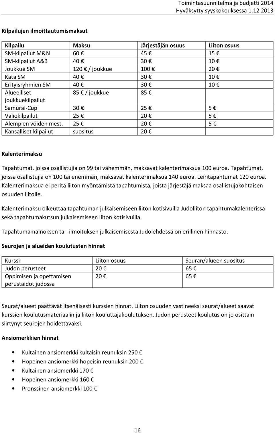 25 20 5 Kansalliset kilpailut suositus 20 Kalenterimaksu Tapahtumat, joissa osallistujia on 99 tai vähemmän, maksavat kalenterimaksua 100 euroa.