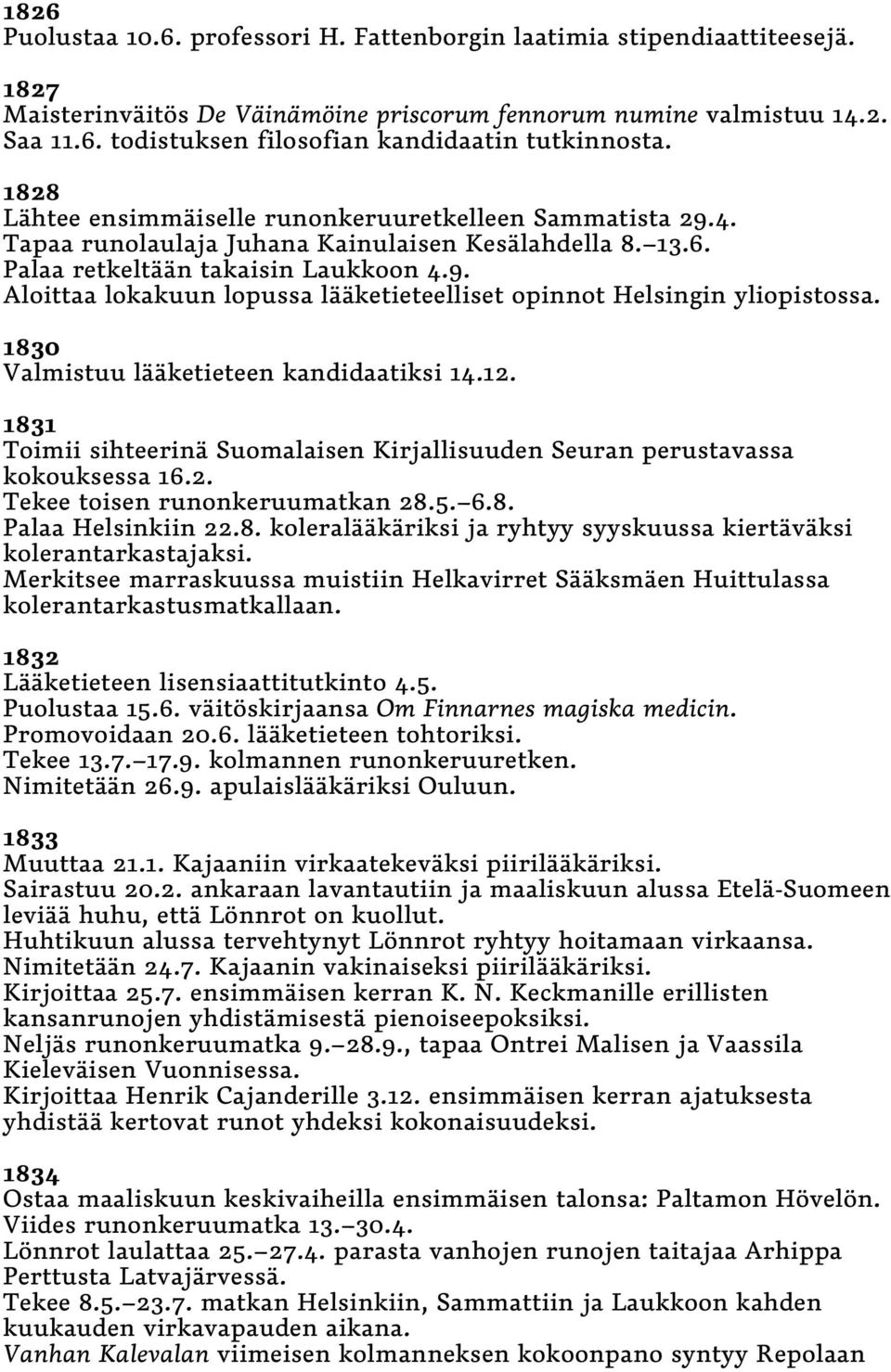 1830 Valmistuu lääketieteen kandidaatiksi 14.12. 1831 Toimii sihteerinä Suomalaisen Kirjallisuuden Seuran perustavassa kokouksessa 16.2. Tekee toisen runonkeruumatkan 28.5. 6.8. Palaa Helsinkiin 22.8. koleralääkäriksi ja ryhtyy syyskuussa kiertäväksi kolerantarkastajaksi.