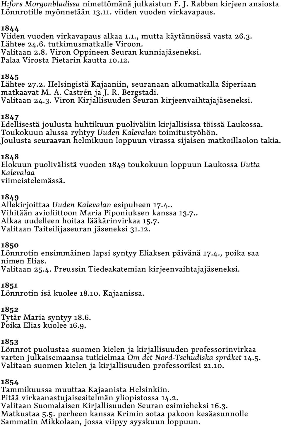 A. Castrén ja J. R. Bergstadi. Valitaan 24.3. Viron Kirjallisuuden Seuran kirjeenvaihtajajäseneksi. 1847 Edellisestä joulusta huhtikuun puoliväliin kirjallisissa töissä Laukossa.