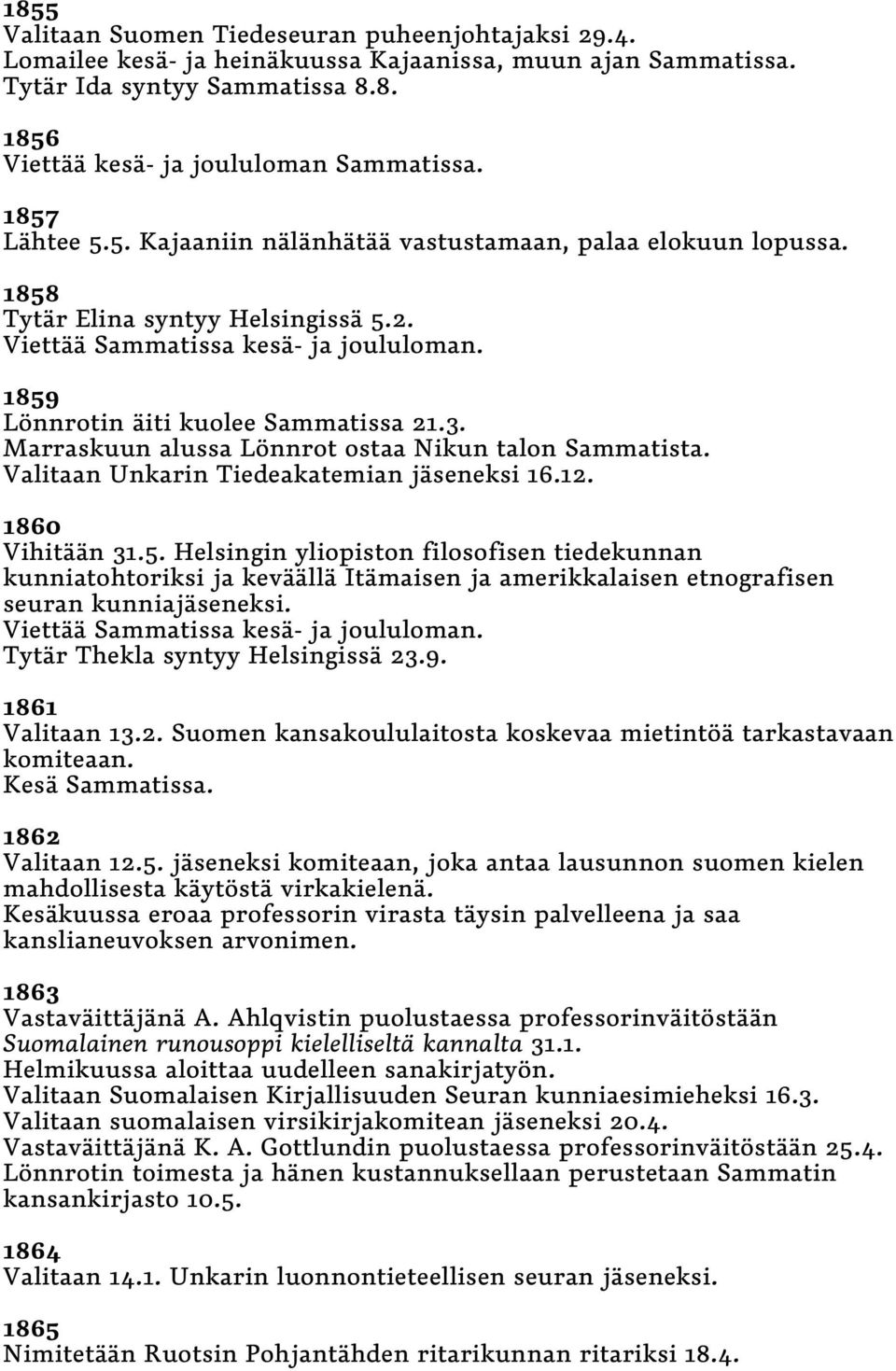 Marraskuun alussa Lönnrot ostaa Nikun talon Sammatista. Valitaan Unkarin Tiedeakatemian jäseneksi 16.12. 1860 Vihitään 31.5.