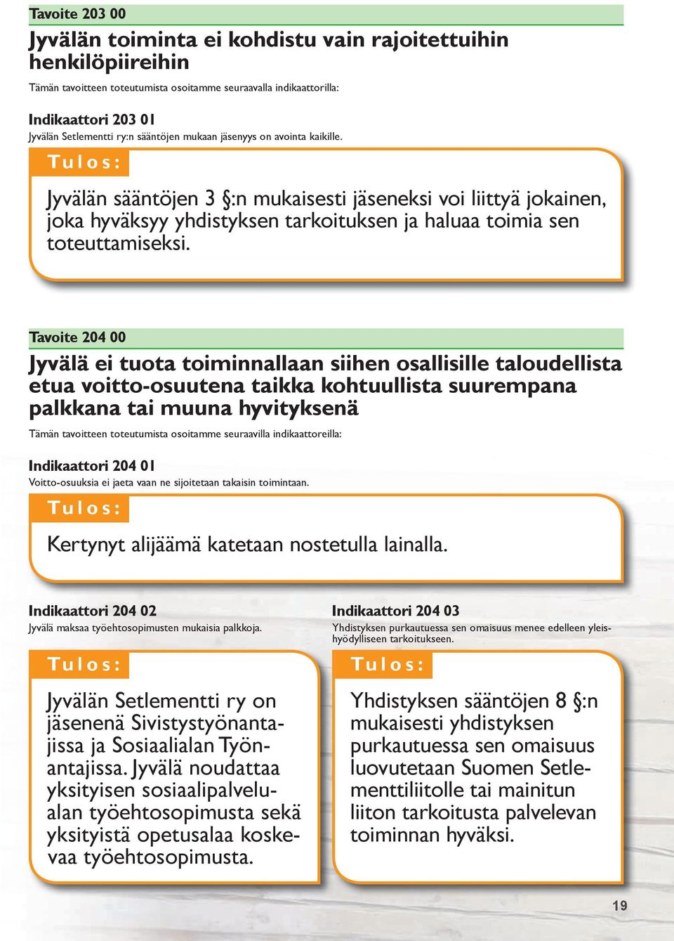 Tavoite 204 00 Jyvälä ei tuota toiminnallaan siihen osallisille taloudellista etua voitto-osuutena taikka kohtuullista suurempana palkkana tai muuna hyvityksenä Tämän tavoitteen toteutumista