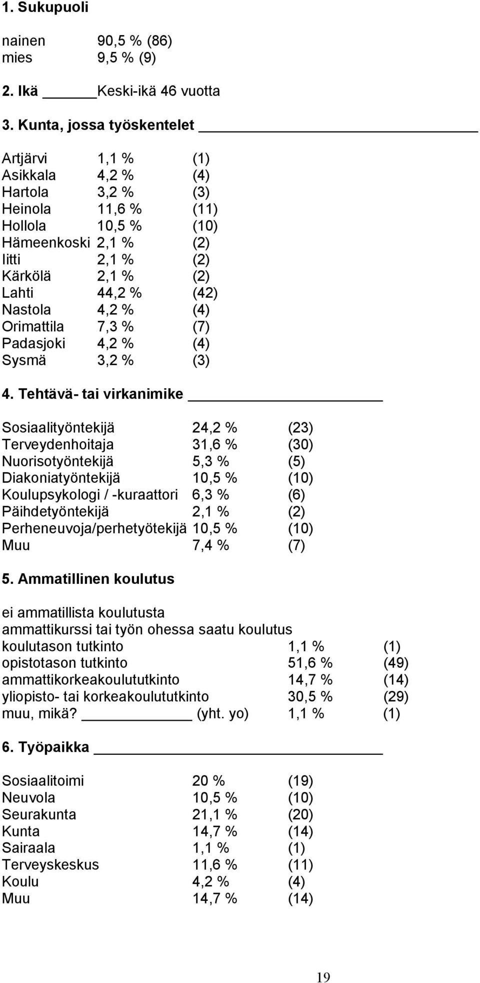 Nastola 4,2 % (4) Orimattila 7,3 % (7) Padasjoki 4,2 % (4) Sysmä 3,2 % (3) 4.