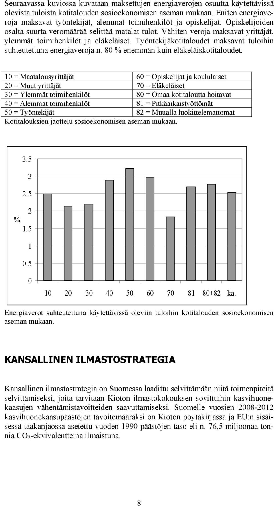 Vähiten veroja maksavat yrittäjät, ylemmät toimihenkilöt ja eläkeläiset. Työntekijäkotitaloudet maksavat tuloihin suhteutettuna energiaveroja n. 80 % enemmän kuin eläkeläiskotitaloudet.