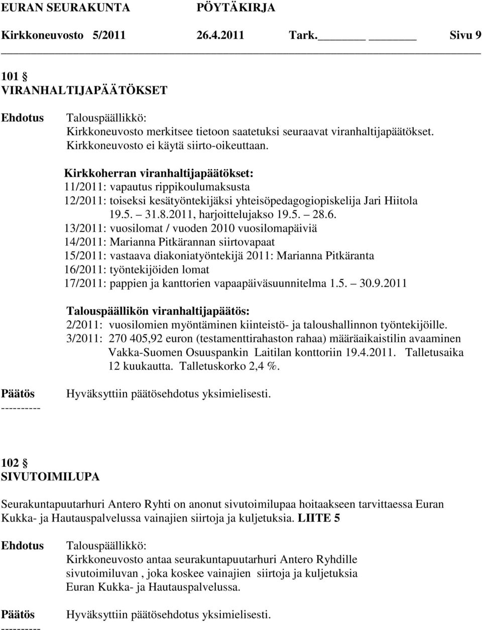 13/2011: vuosilomat / vuoden 2010 vuosilomapäiviä 14/2011: Marianna Pitkärannan siirtovapaat 15/2011: vastaava diakoniatyöntekijä 2011: Marianna Pitkäranta 16/2011: työntekijöiden lomat 17/2011: