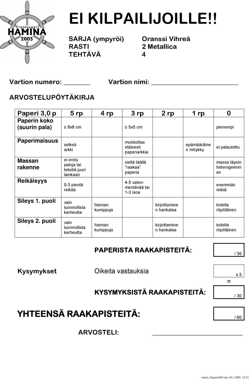 Paperimaisuus selkeä arkki muistuttaa etäisesti paperiarkkia epämääräine n möykky ei palautettu Massan rakenne Reikäisyys ei erotu paloja tai tekstiä juuri lainkaan 0-3 pientä reikää siellä täällä