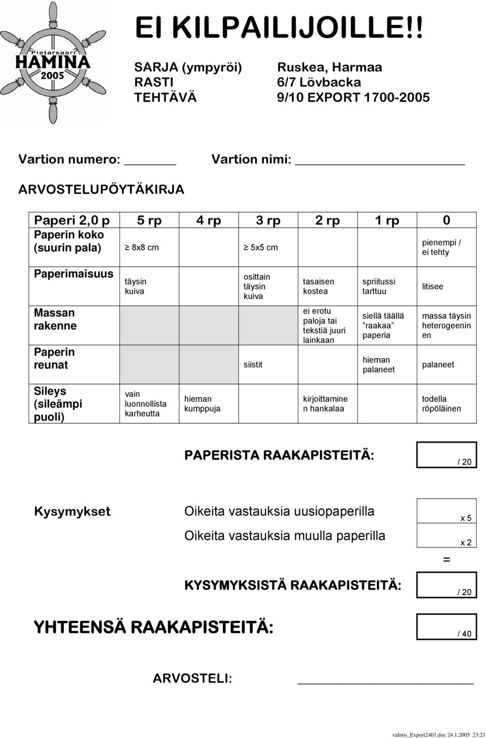 cm 5x5 cm pienempi / ei tehty Paperimaisuus täysin kuiva osittain täysin kuiva tasaisen kostea spriitussi tarttuu litisee Massan rakenne Paperin reunat siistit ei erotu paloja tai tekstiä juuri